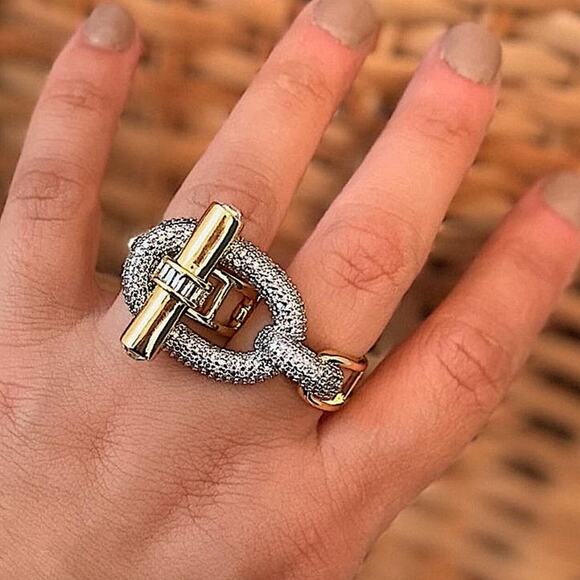 Gold Zircon Bangle Bracelet Two Finger Ring Set Luxury 18K Gold Plated - Picture 11 of 15